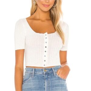 Free People Short Sleeve Ribbed Button Down Cropped Top White Size XS